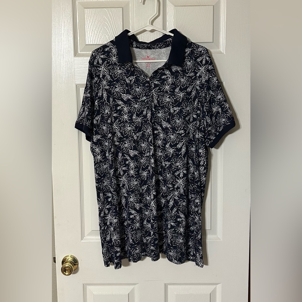Woman Within Blue and White Casual Polo Shirt